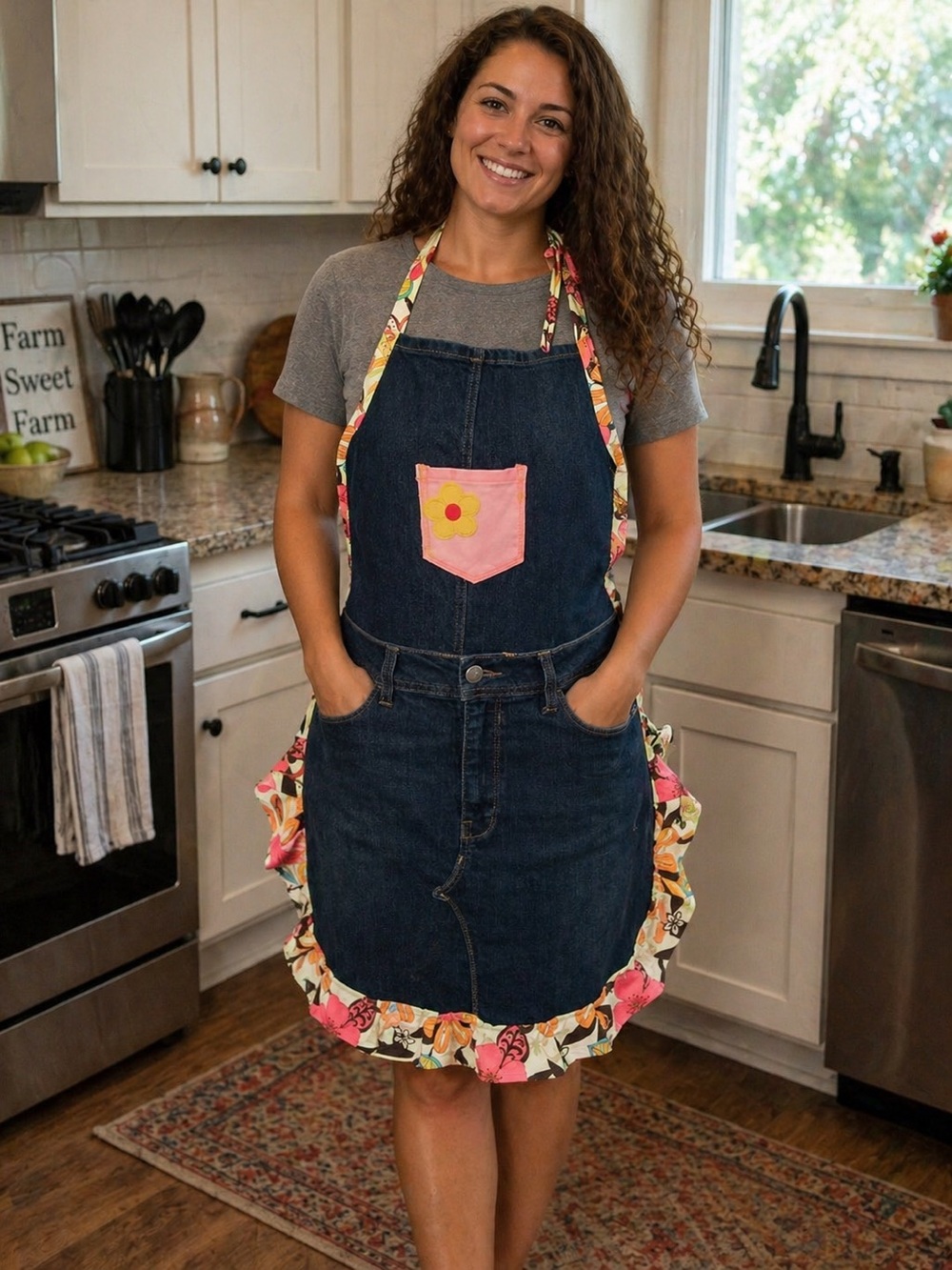 Denim Floral Ruffle Apron with Pink Pocket